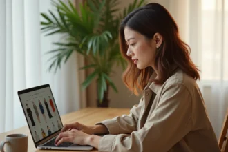 Femme qui fait du shopping en ligne sur le site H&M depuis son bureau à domicile