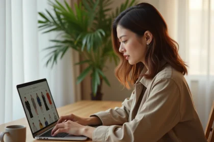 Femme qui fait du shopping en ligne sur le site H&M depuis son bureau à domicile