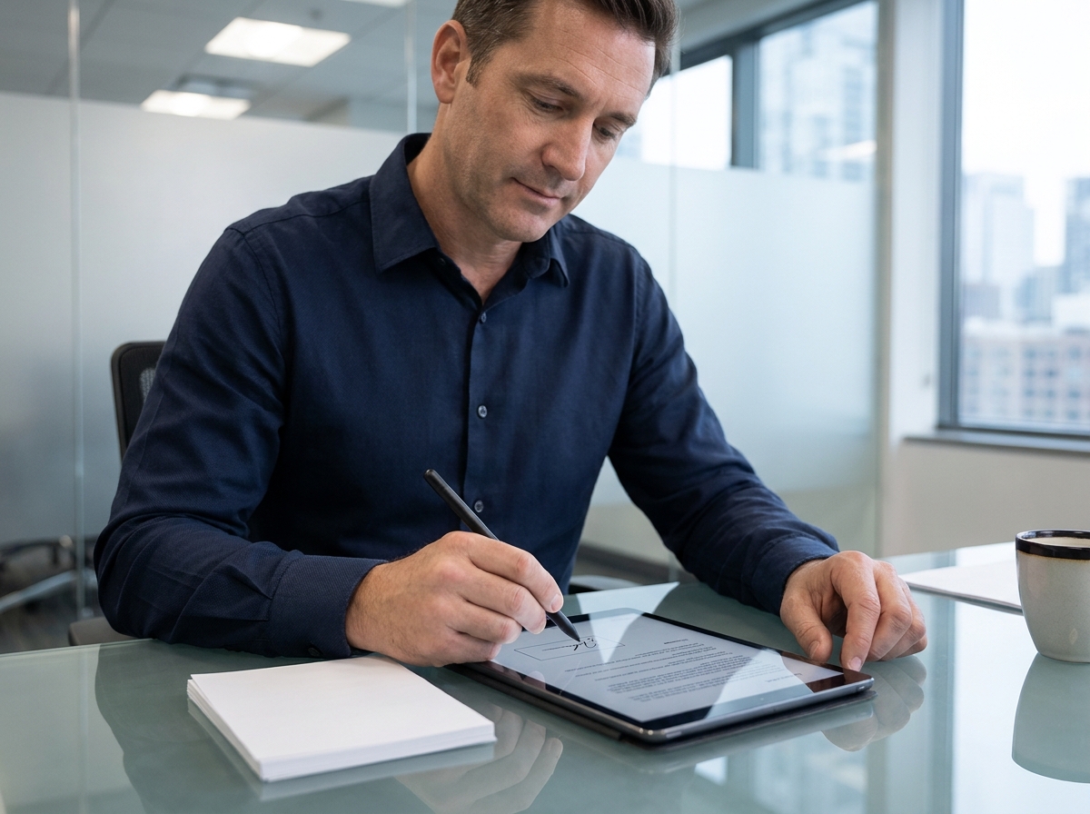 Homme apposant une signature numérique sur tablette pour sécuriser ses documents bancaires