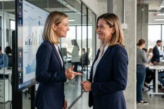 Femme d'affaires analysant une stratégie B2B sur un tableau de bord numérique dans un bureau moderne