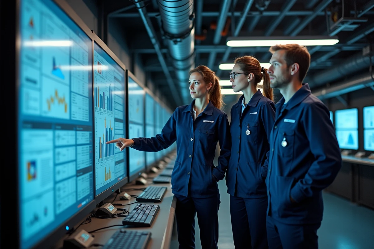 Équipe de superviseurs offshore analysant des données de production sur écran tactile dans une salle de contrôle industrielle