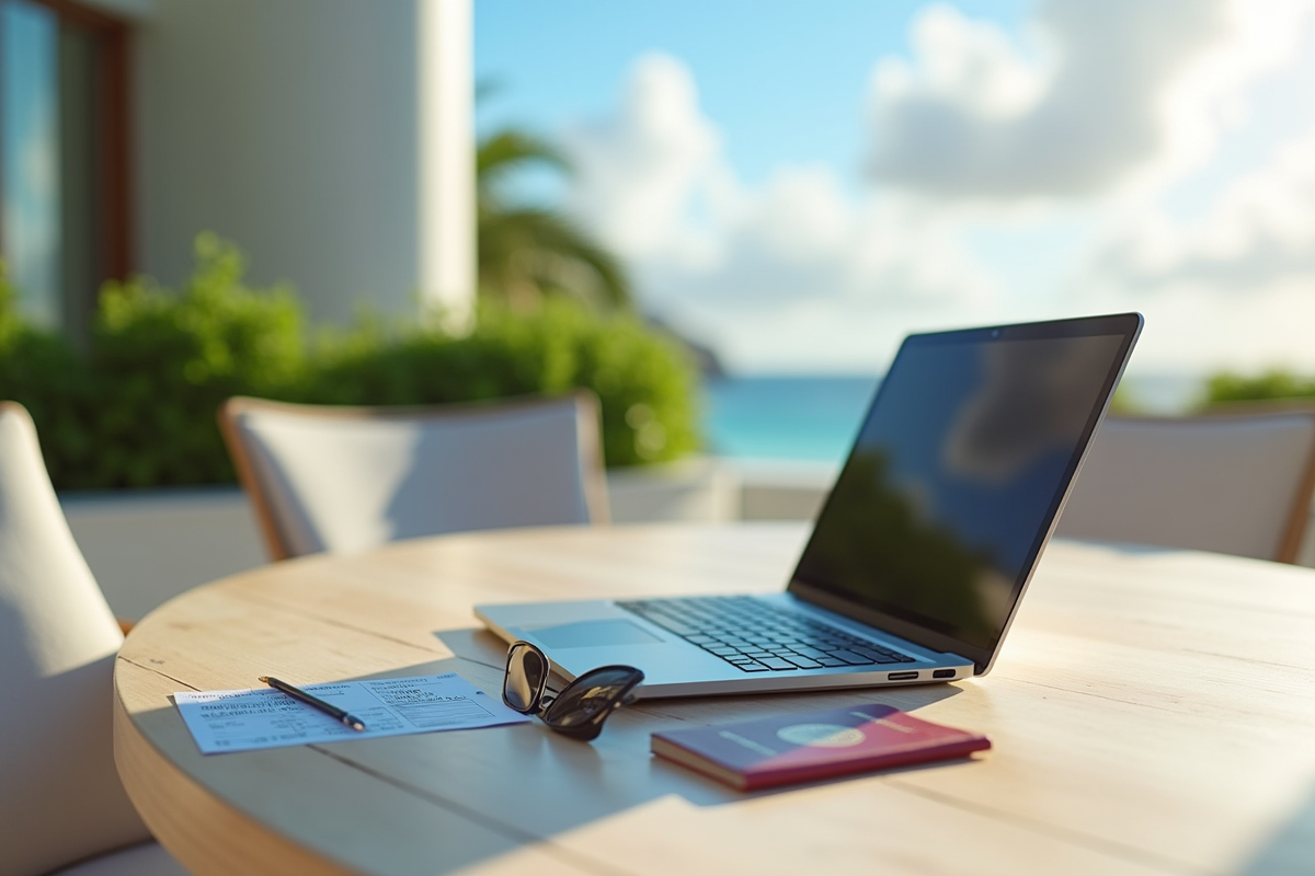 Table avec ordinateur et documents sur terrasse en Guadeloupe
