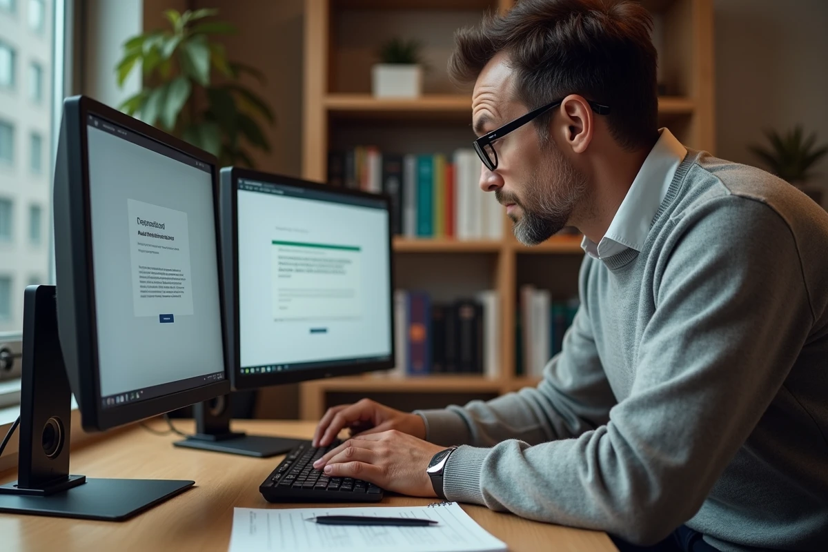Technicien informatique analysant un message d'erreur de connexion sur un logiciel de gestion
