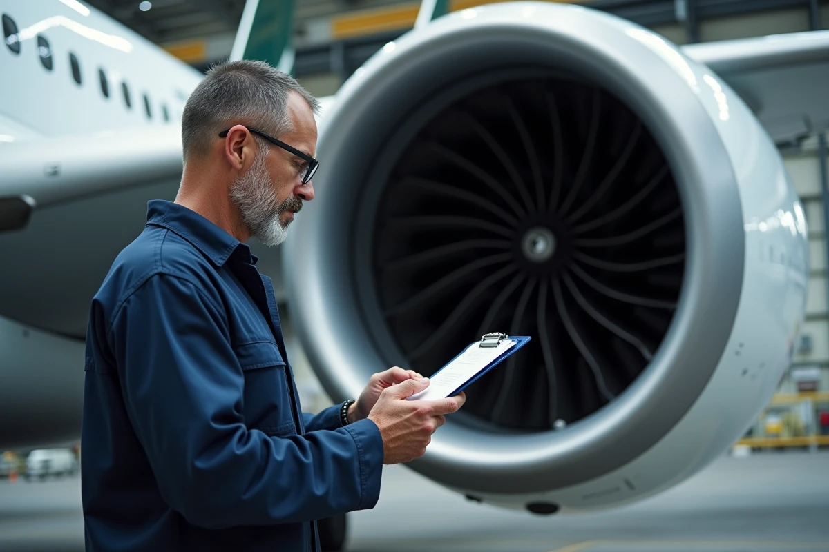 Technicien de maintenance inspectant le réacteur d'un Airbus A330 dans un hangar aéronautique