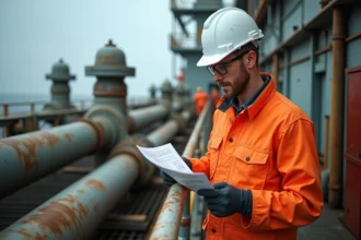 Technicien offshore en combinaison orange étudiant un manuel technique sur le pont d'une plateforme pétrolière en mer