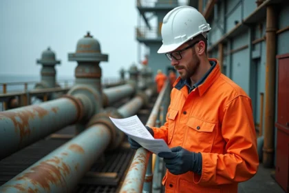 Technicien offshore en combinaison orange étudiant un manuel technique sur le pont d'une plateforme pétrolière en mer