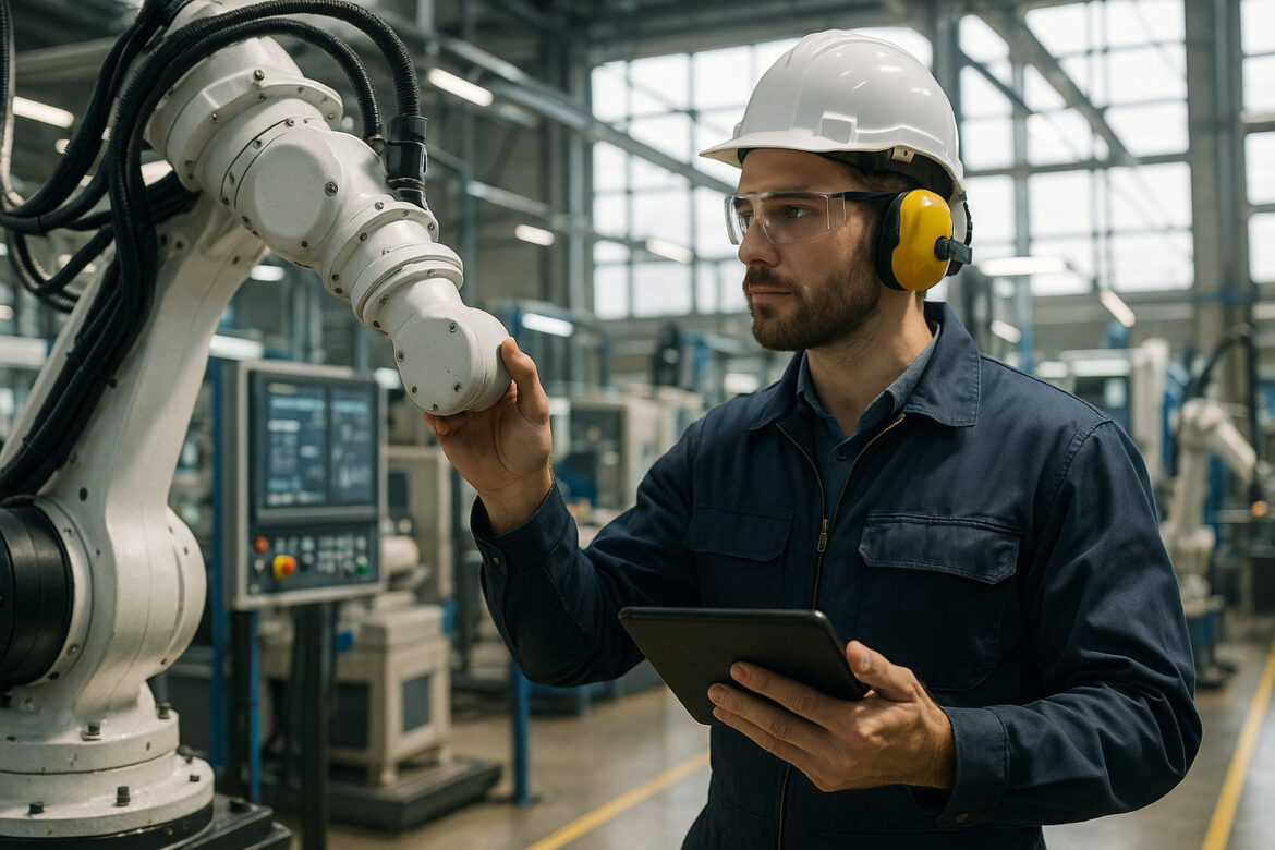 Technicien industriel inspectant un bras robotique dans une usine moderne