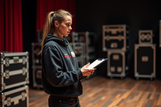 Jeune technicienne de theatre vérifiant un carnet backstage