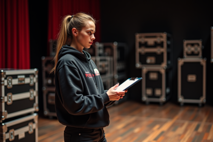 Jeune technicienne de theatre vérifiant un carnet backstage