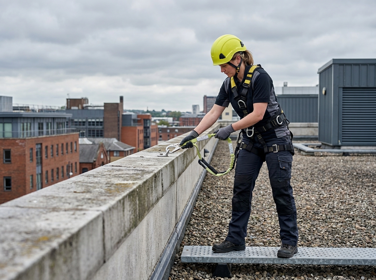 Technicienne en sécurité sur toiture industrielle utilisant une longe de maintien en Y fixée à un point d'ancrage réglementaire