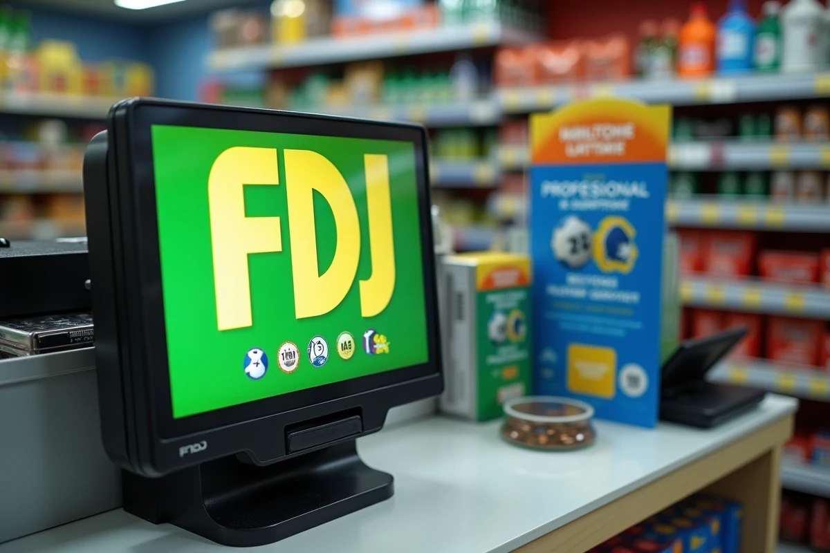 Terminal FDJ Pro installé sur le comptoir d'un commerce de proximité avec affichage des jeux disponibles