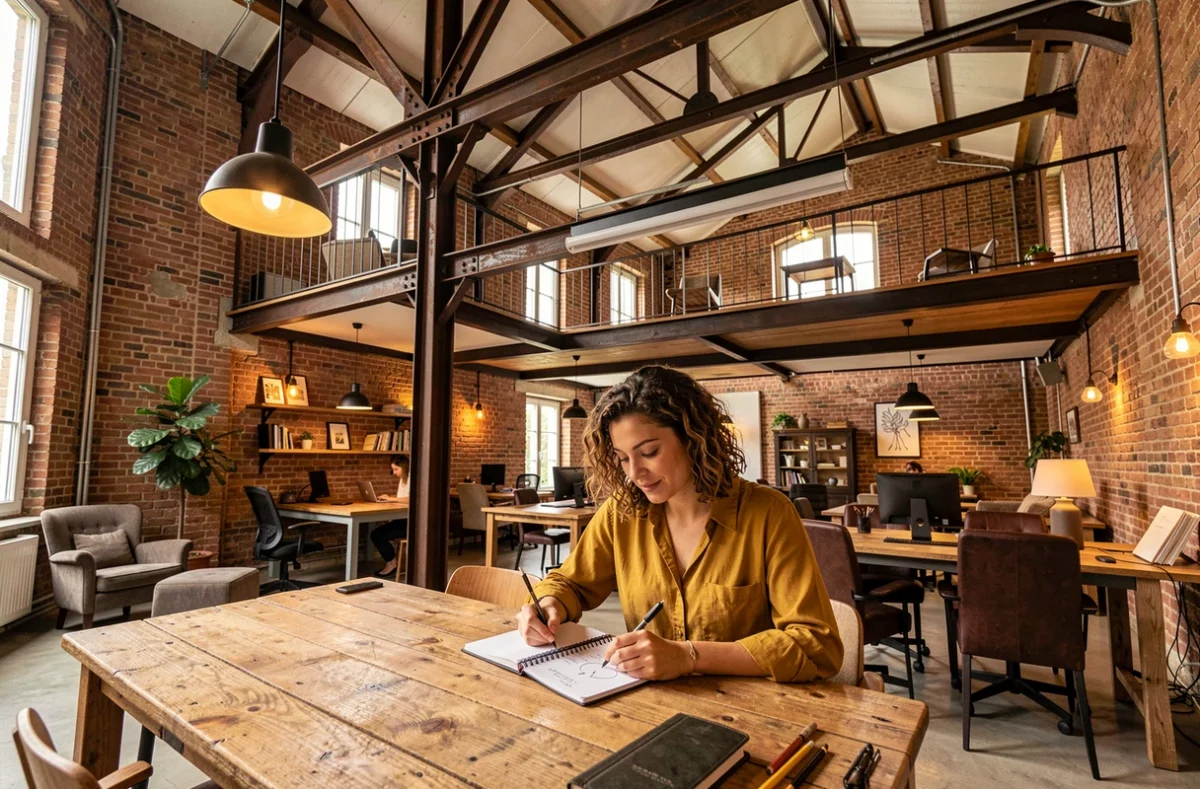 The Working Loft à Chelles avec une femme prenant des notes dans un espace coworking au style industriel chaleureux