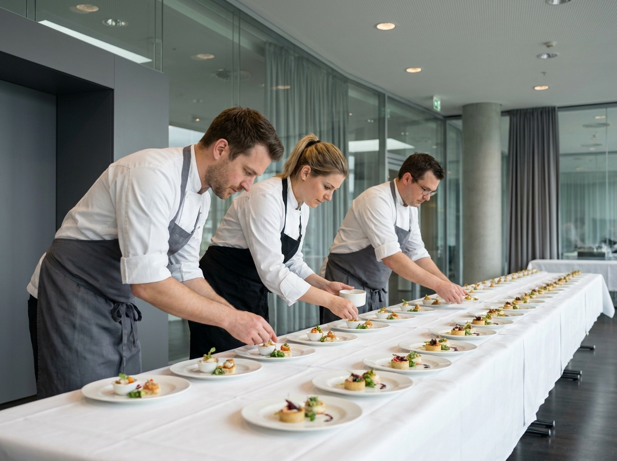 Équipe de traiteur professionnel dressant un buffet élégant lors d'un événement d'entreprise en salle