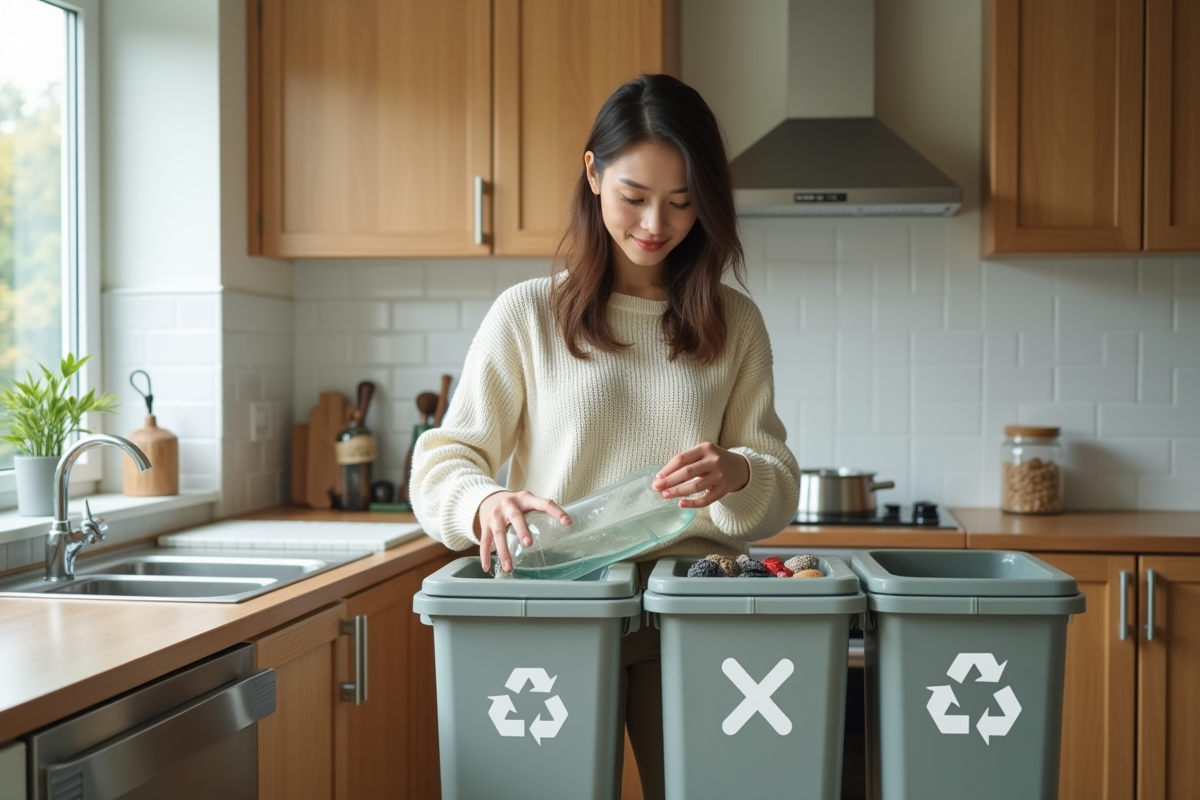 Jeune femme trie des recyclables dans la cuisine