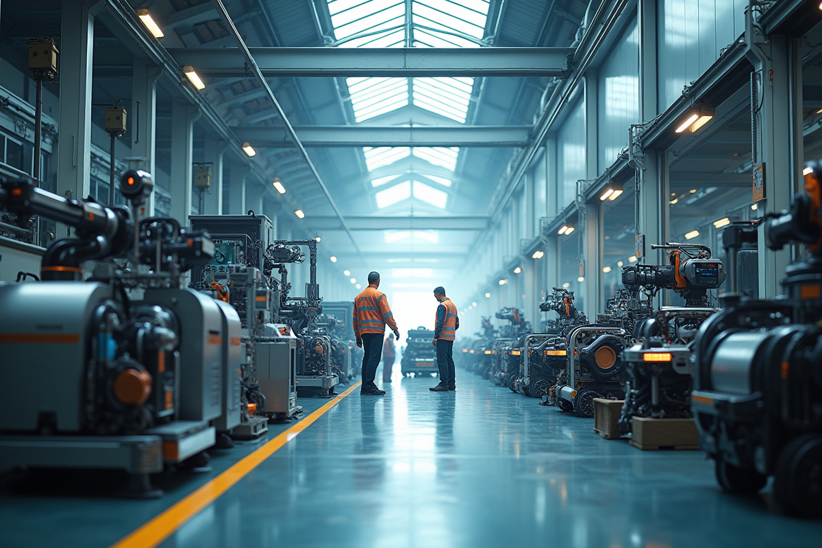Usine futuriste avec robots et ingénieurs innovants