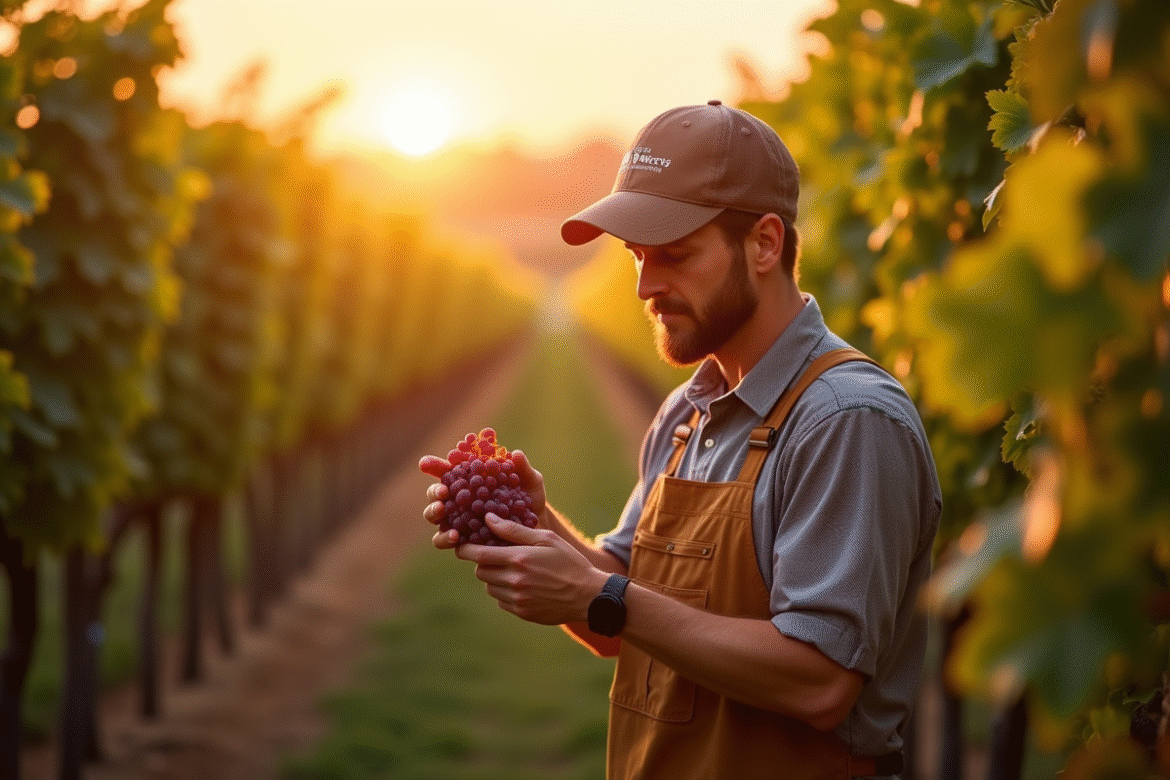 Vendangeur inspectant un raisin mûr dans la vigne en soleil