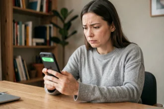 Femme vérifiant l'identité d'un appelant inconnu sur son smartphone depuis son bureau à domicile