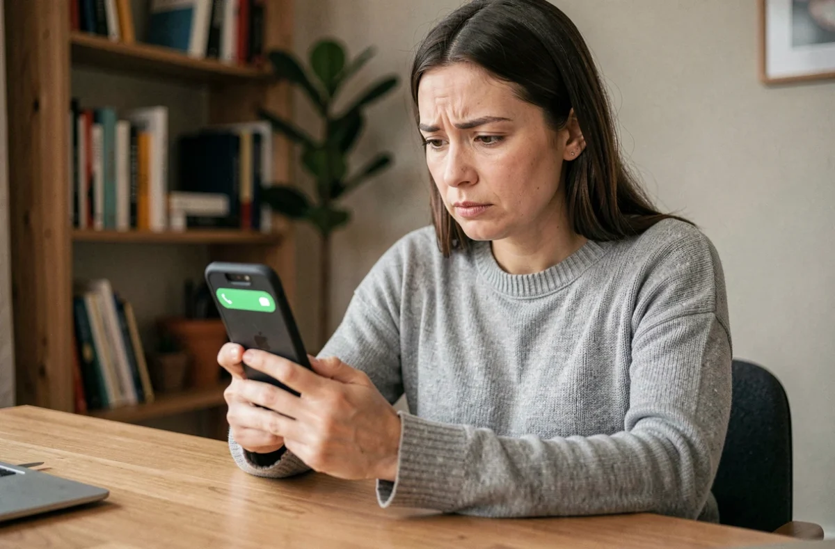 Femme vérifiant l'identité d'un appelant inconnu sur son smartphone depuis son bureau à domicile