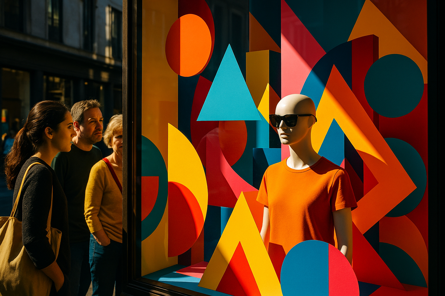 Vitrine créative en ville avec couleurs vives et formes géométriques