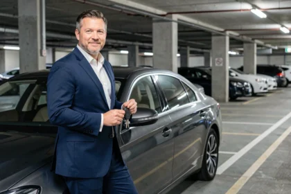 Cadre en portage salarial tenant les clés d'une voiture de fonction grise dans un parking souterrain