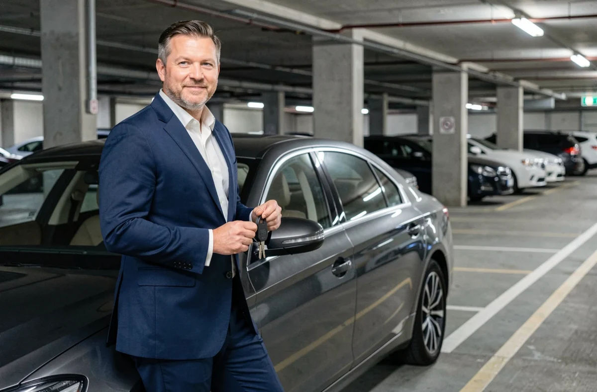 Cadre en portage salarial tenant les clés d'une voiture de fonction grise dans un parking souterrain