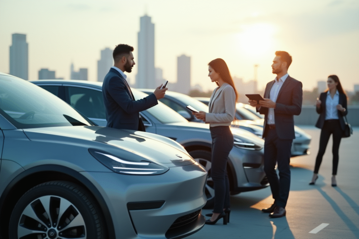 Groupe de professionnels avec voitures électriques modernes