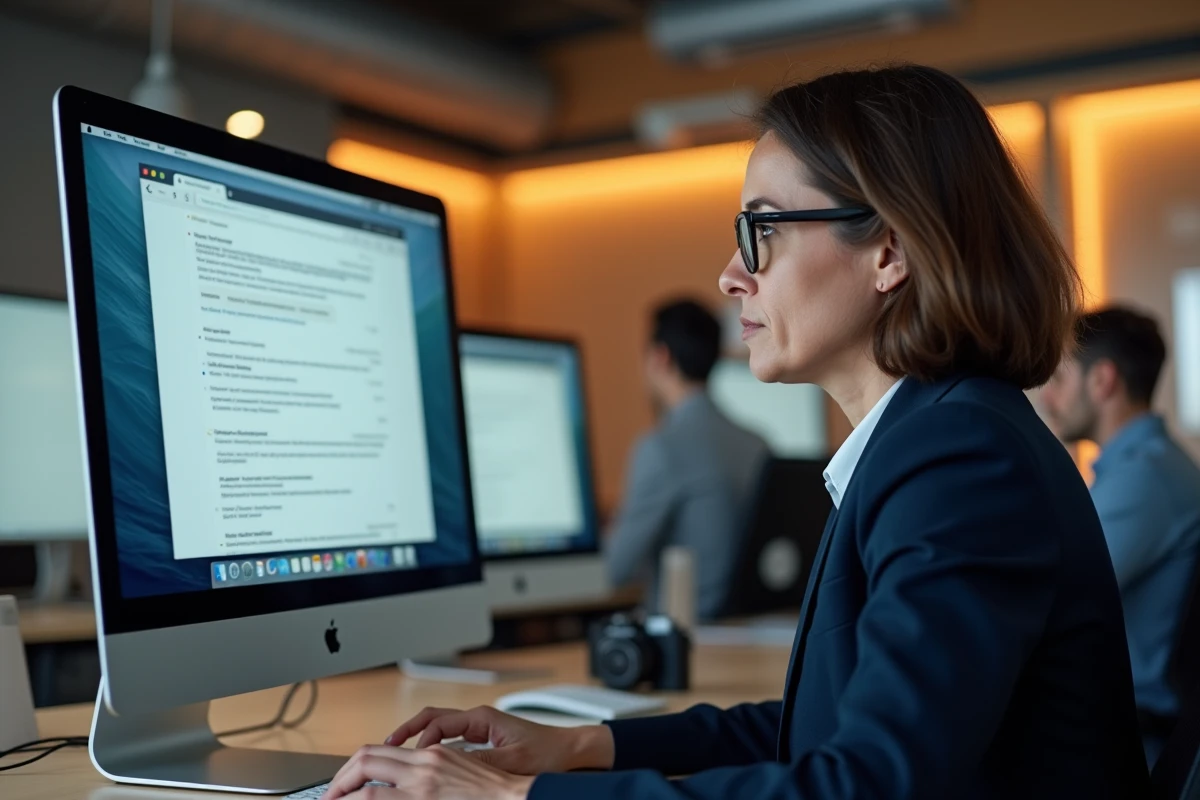 Femme professionnelle consultant une interface webmail Zimbra sur un ordinateur de bureau en open space