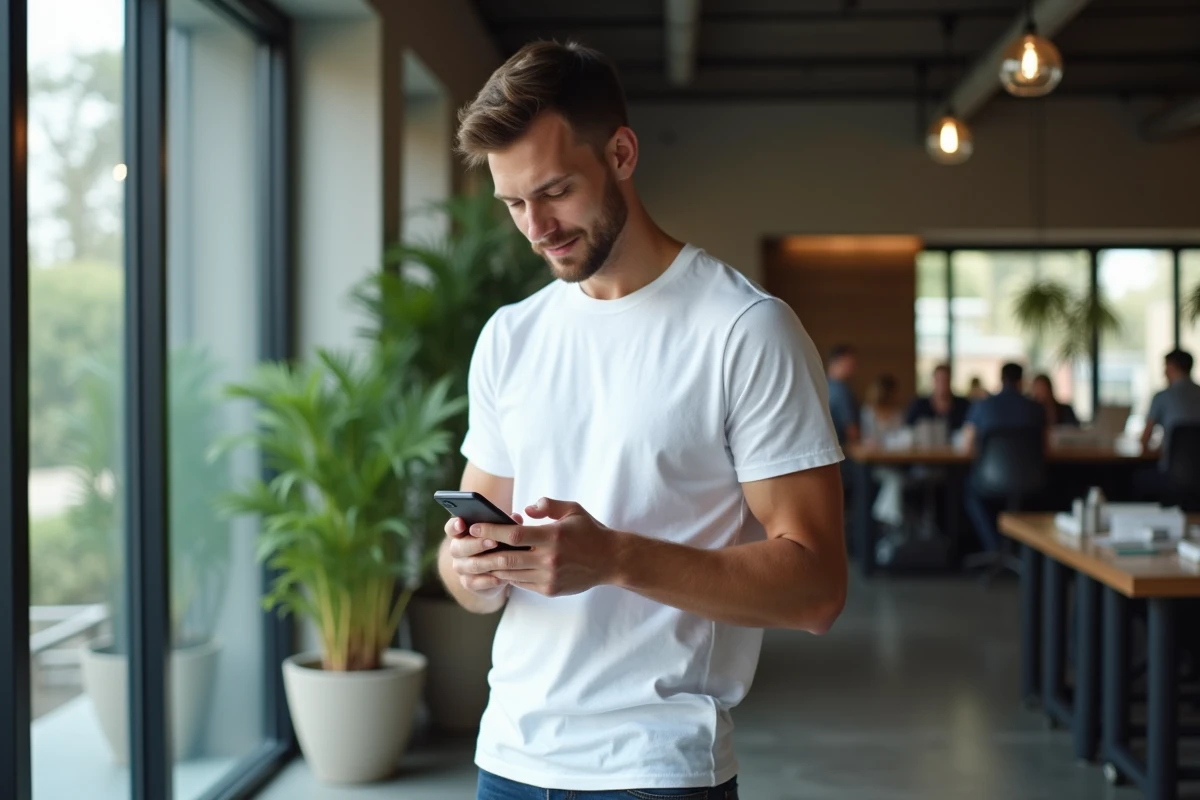 Jeune professionnel consultant ses emails Zimbra sur smartphone dans un espace de coworking moderne